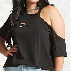 distressed off the shoulder shirt
